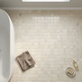 Crema Marfil (Spanish) Marble 1x1 Cream Tumbled Mosaic — Bathroom floor