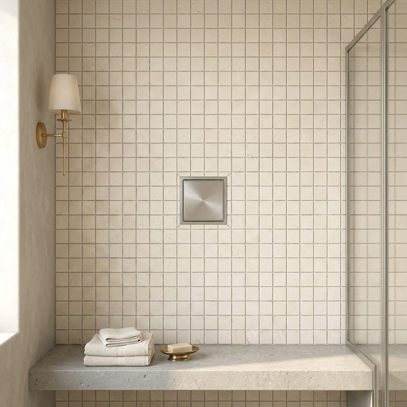Crema Marfil (Spanish) Marble 1x1 Cream Tumbled Mosaic — Bathroom shower floor