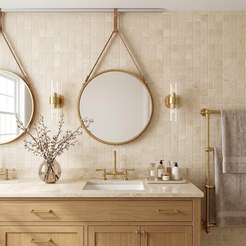 Crema Marfil (Spanish) Marble 1x1 Cream Tumbled Mosaic — Bathroom shower wall