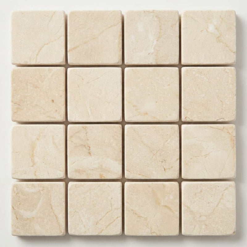 Crema Marfil (Spanish) Marble 1x1 Cream Tumbled Mosaic close-up