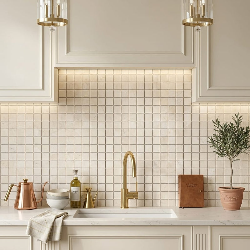 Crema Marfil (Spanish) Marble 1x1 Cream Tumbled Mosaic — Kitchen backsplash