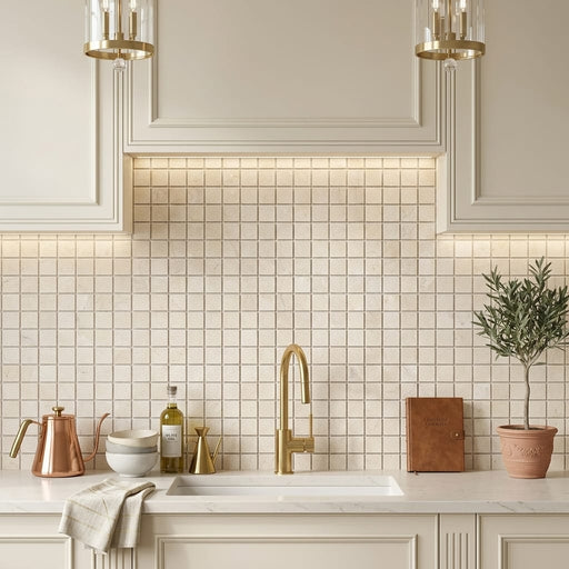Crema Marfil (Spanish) Marble 1x1 Cream Tumbled Mosaic — Kitchen backsplash