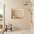 Crema Marfil (Spanish) Marble 1x2 Cream Honed Diamond / Rhomboid Mosaic — Bathroom shower wall