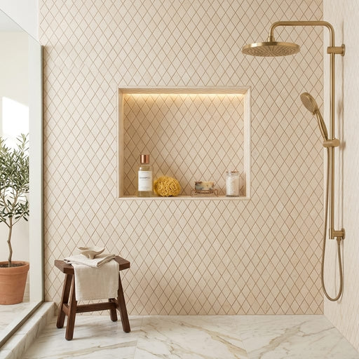 Crema Marfil (Spanish) Marble 1x2 Cream Honed Diamond / Rhomboid Mosaic — Bathroom shower wall