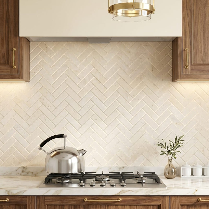 Crema Marfil (Spanish) Marble 1x3 Cream Honed Herringbone Mosaic — Kitchen backsplash