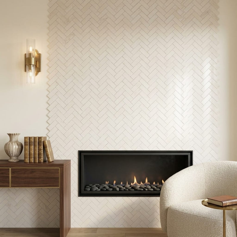 Crema Marfil (Spanish) Marble 1x3 Cream Honed Herringbone Mosaic — Living Room accent wall