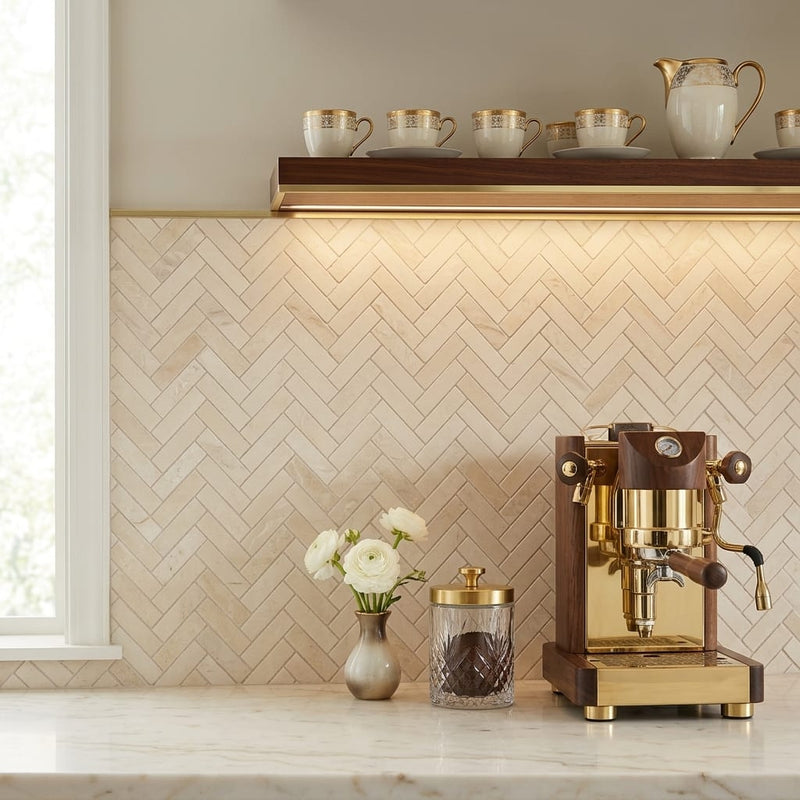 Crema Marfil (Spanish) Marble 1x4 Cream Honed Herringbone Mosaic — Kitchen backsplash