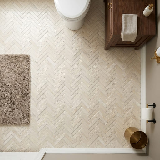 Crema Marfil (Spanish) Marble 1x4 Cream Honed Herringbone Mosaic — Powder Room floor