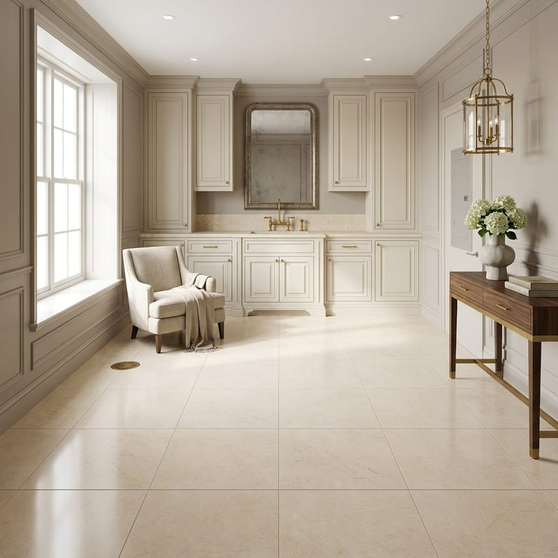 Crema Marfil (Spanish) Marble 12x12 Cream Honed Tile — Basement floor
