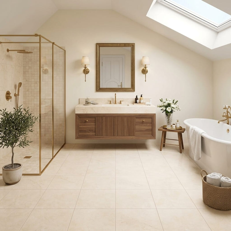 Crema Marfil (Spanish) Marble 12x12 Cream Honed Tile — Bathroom floor