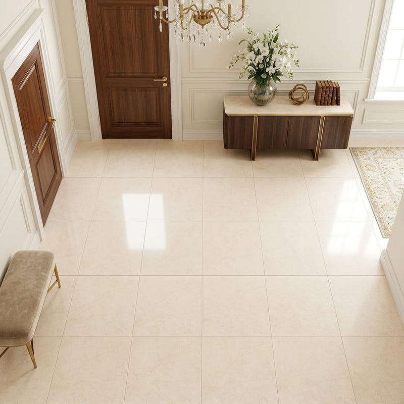Crema Marfil (Spanish) Marble 12x12 Cream Honed Tile — Foyer floor