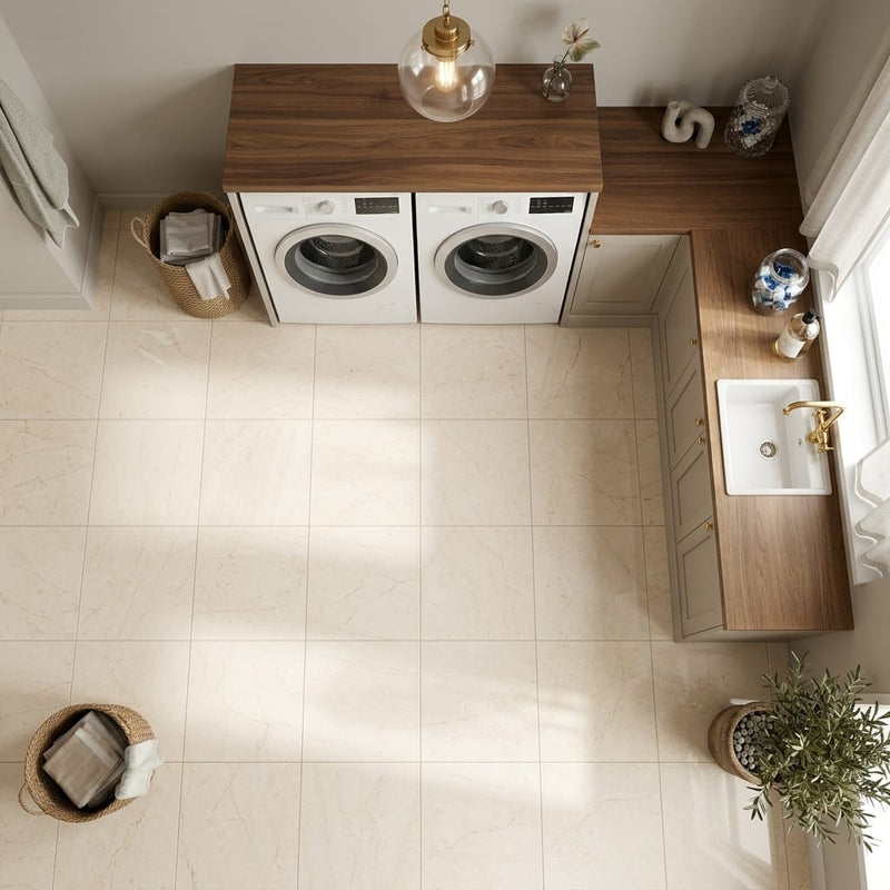 Crema Marfil (Spanish) Marble 12x12 Cream Honed Tile — Laundry Room floor
