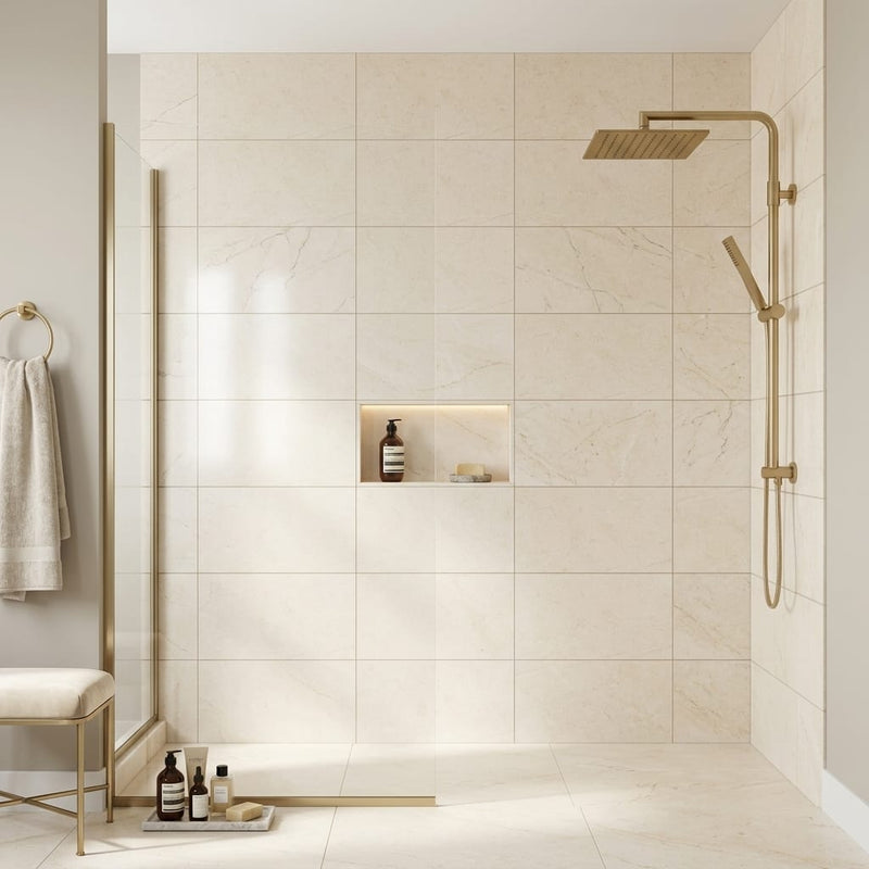 Crema Marfil (Spanish) Marble 12x24 Cream Honed Tile — Bathroom shower wall