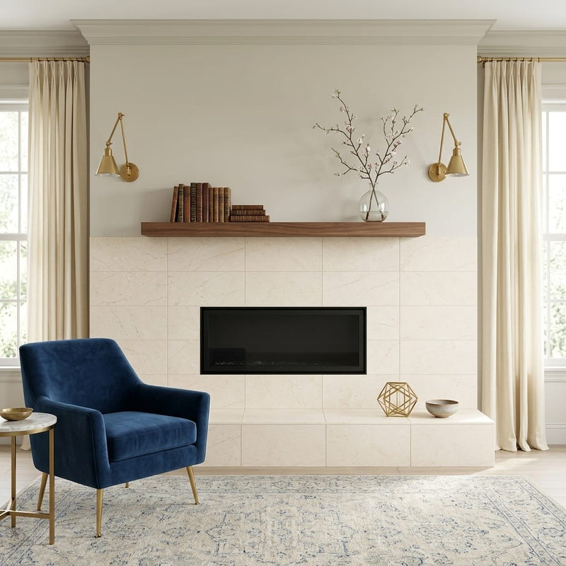 Crema Marfil (Spanish) Marble 12x24 Cream Honed Tile — Living Room fireplace surround
