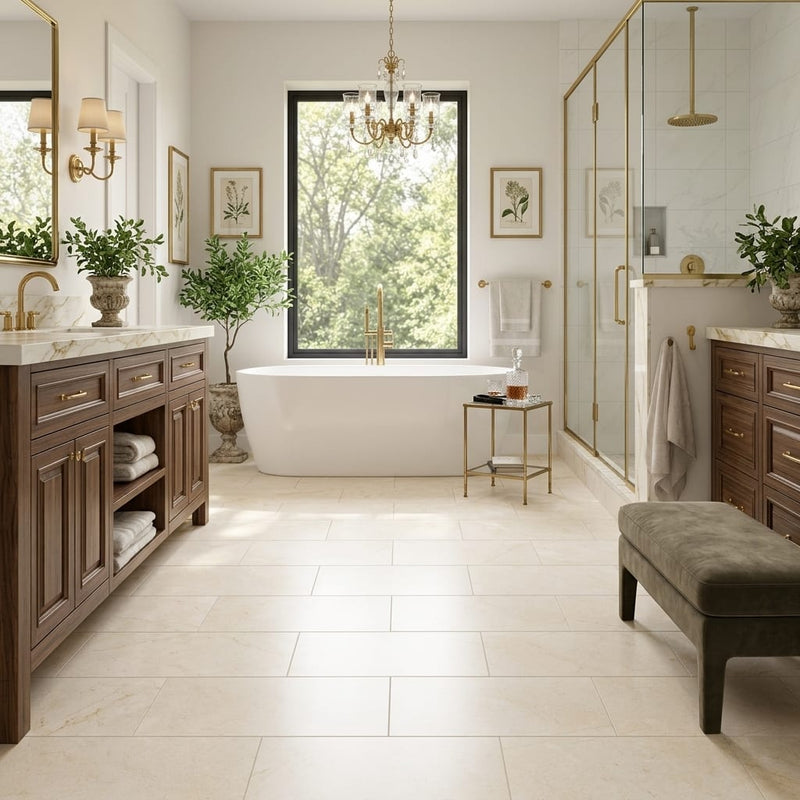 Crema Marfil (Spanish) Marble 12x24 Cream Honed Tile — Primary Bath floor