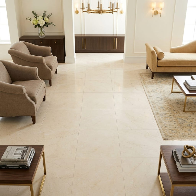 Crema Marfil (Spanish) Marble 18x18 Cream Honed Tile — Family Room floor