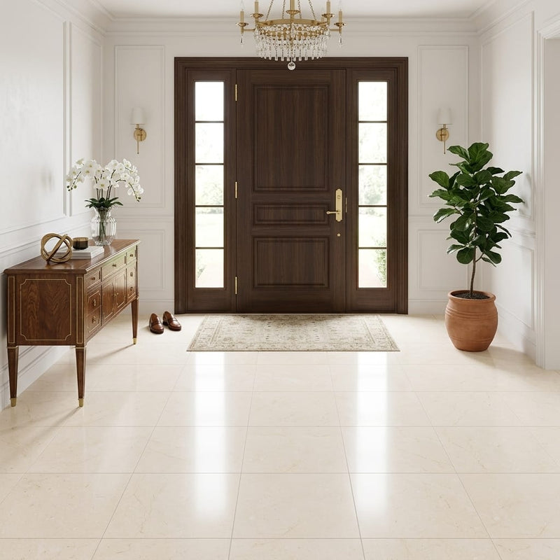 Crema Marfil (Spanish) Marble 18x18 Cream Honed Tile — Foyer floor