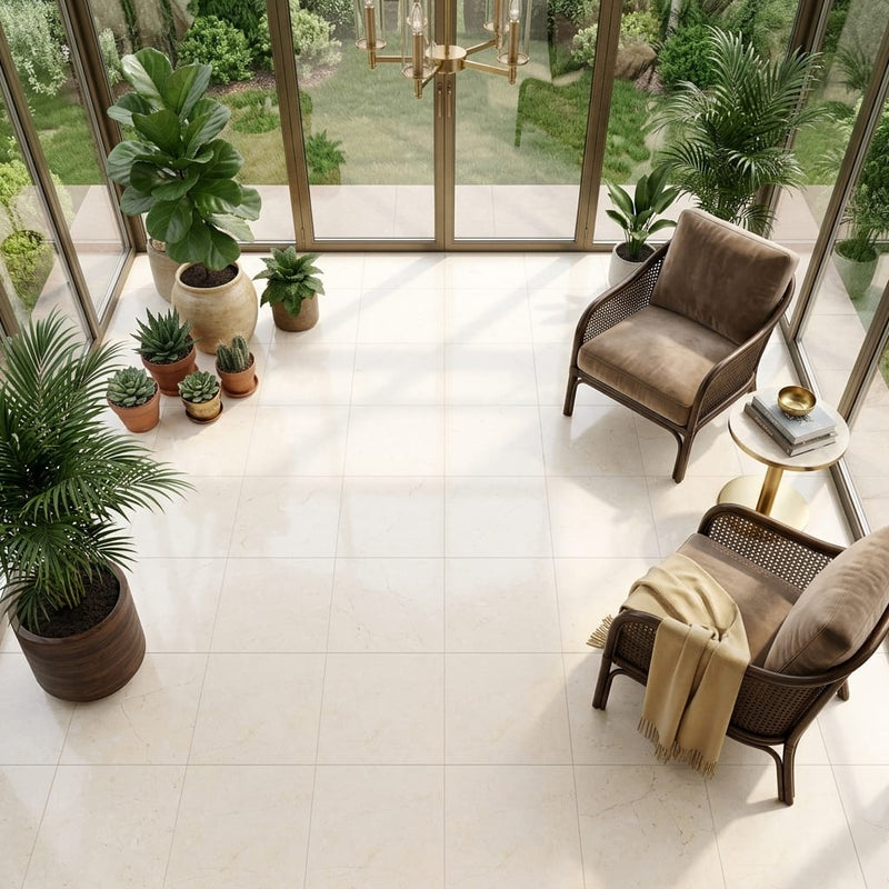 Crema Marfil (Spanish) Marble 18x18 Cream Honed Tile — Sunroom floor