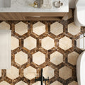 Crema Marfil (Spanish) Marble 2x2 Cream Polished Hexagon Mosaic Vortex Hexagon (w/ Emperador Dark) — Bathroom floor