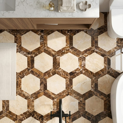 Crema Marfil (Spanish) Marble 2x2 Cream Polished Hexagon Mosaic Vortex Hexagon (w/ Emperador Dark) — Bathroom floor