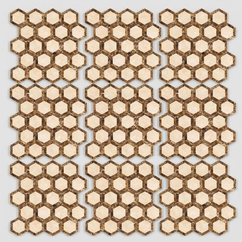 Crema Marfil (Spanish) Marble 2x2 Cream Polished Hexagon Mosaic Vortex Hexagon (w/ Emperador Dark) close-up