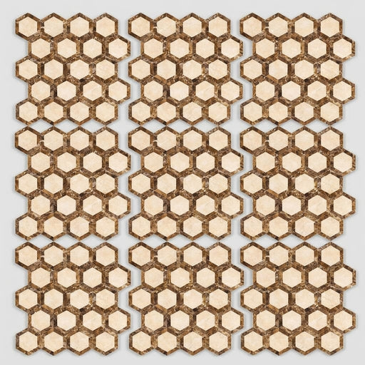 Crema Marfil (Spanish) Marble 2x2 Cream Polished Hexagon Mosaic Vortex Hexagon (w/ Emperador Dark) close-up
