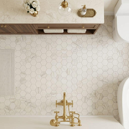 Crema Marfil (Spanish) Marble 2x2 Cream Honed Hexagon Mosaic — Bathroom floor