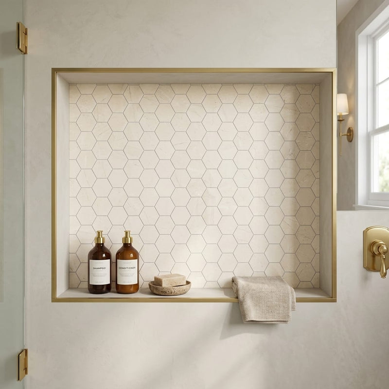 Crema Marfil (Spanish) Marble 2x2 Cream Honed Hexagon Mosaic — Bathroom niche