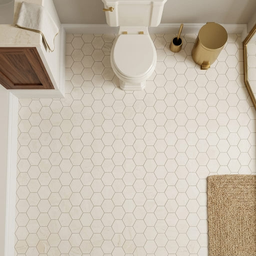 Crema Marfil (Spanish) Marble 2x2 Cream Honed Hexagon Mosaic — Powder Room floor