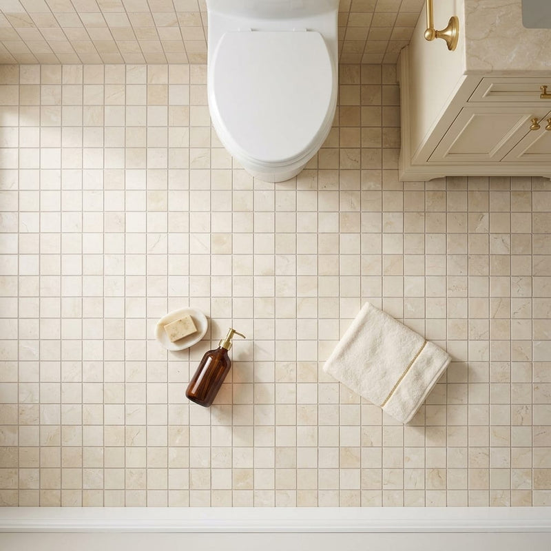 Crema Marfil (Spanish) Marble 2x2 Cream Honed Mosaic — Bathroom floor