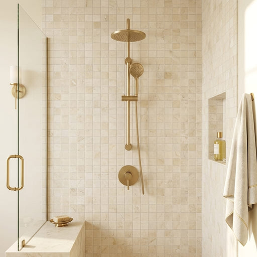 Crema Marfil (Spanish) Marble 2x2 Cream Honed Mosaic — Bathroom shower wall