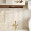 Crema Marfil (Spanish) Marble 2x2 Cream Tumbled Hexagon Mosaic — Bathroom floor