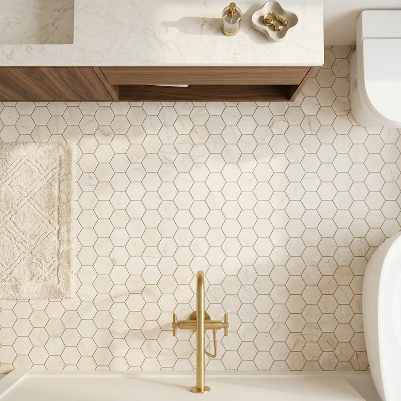 Crema Marfil (Spanish) Marble 2x2 Cream Tumbled Hexagon Mosaic — Bathroom floor