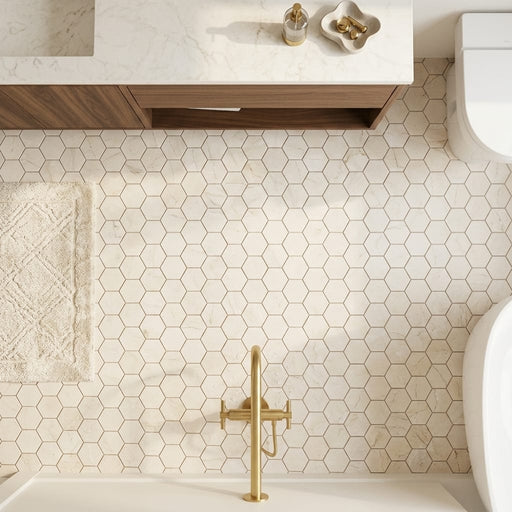 Crema Marfil (Spanish) Marble 2x2 Cream Tumbled Hexagon Mosaic — Bathroom floor