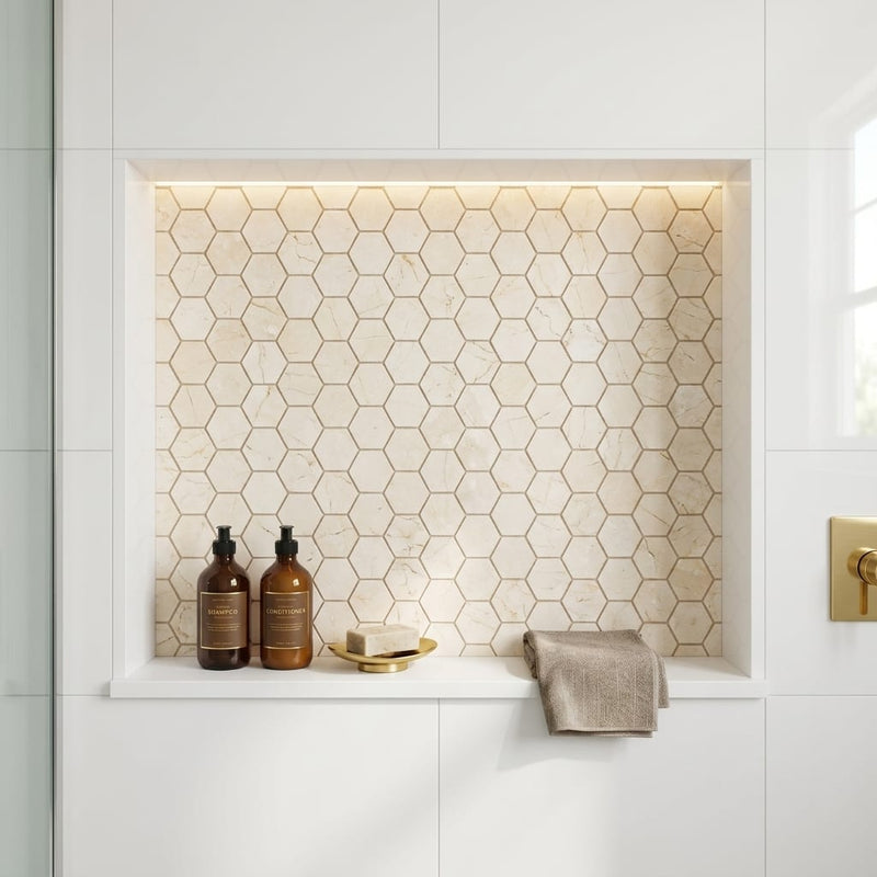 Crema Marfil (Spanish) Marble 2x2 Cream Tumbled Hexagon Mosaic — Bathroom niche