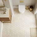 Crema Marfil (Spanish) Marble 2x2 Cream Tumbled Hexagon Mosaic — Powder Room floor
