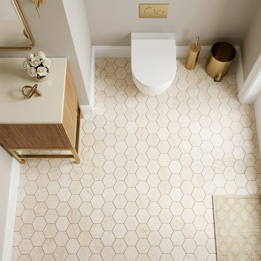 Crema Marfil (Spanish) Marble 2x2 Cream Tumbled Hexagon Mosaic — Powder Room floor