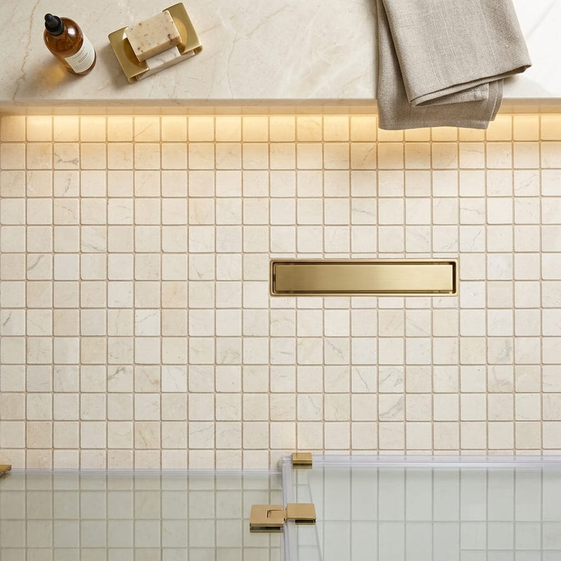 Crema Marfil (Spanish) Marble 2x2 Cream Tumbled Mosaic — Bathroom shower floor