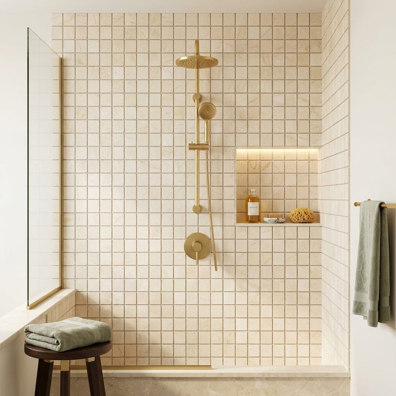Crema Marfil (Spanish) Marble 2x2 Cream Tumbled Mosaic — Bathroom shower wall