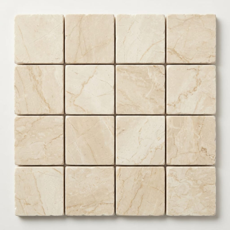 Crema Marfil (Spanish) Marble 2x2 Cream Tumbled Mosaic close-up