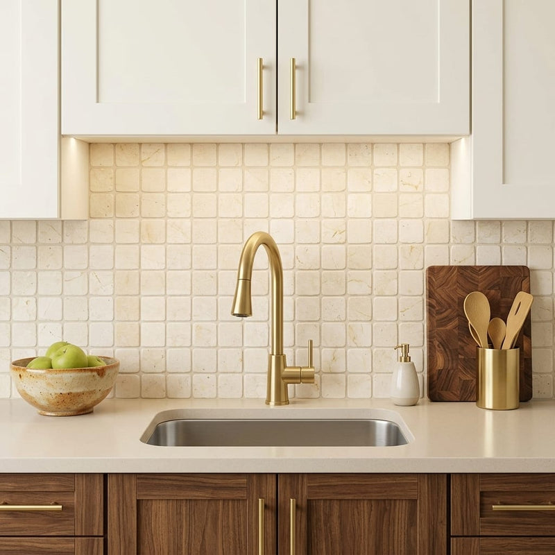 Crema Marfil (Spanish) Marble 2x2 Cream Tumbled Mosaic — Kitchen backsplash
