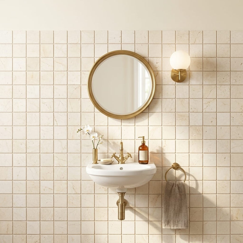 Crema Marfil (Spanish) Marble 2x2 Cream Tumbled Mosaic — Powder Room wall