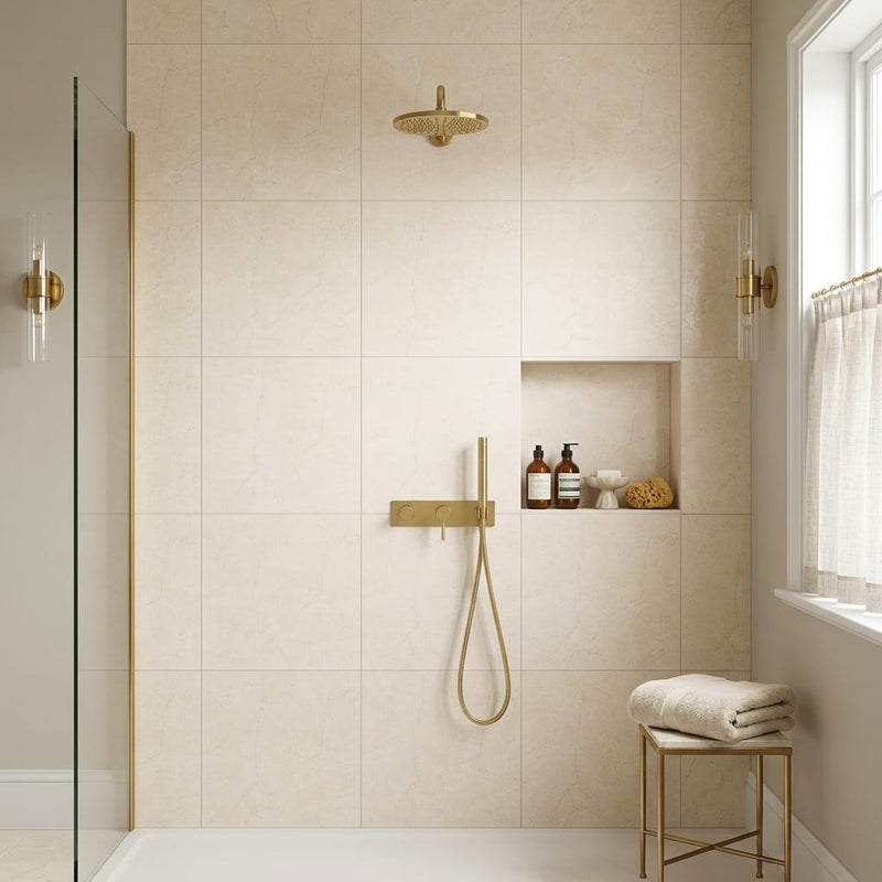 Crema Marfil (Spanish) Marble 24x24 Cream Honed Tile — Bathroom shower wall