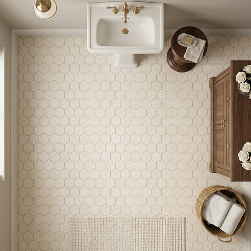 Crema Marfil (Spanish) Marble 3x3 Cream Honed Hexagon Mosaic — Bathroom floor