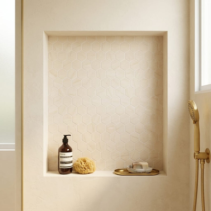 Crema Marfil (Spanish) Marble 3x3 Cream Honed Hexagon Mosaic — Bathroom niche