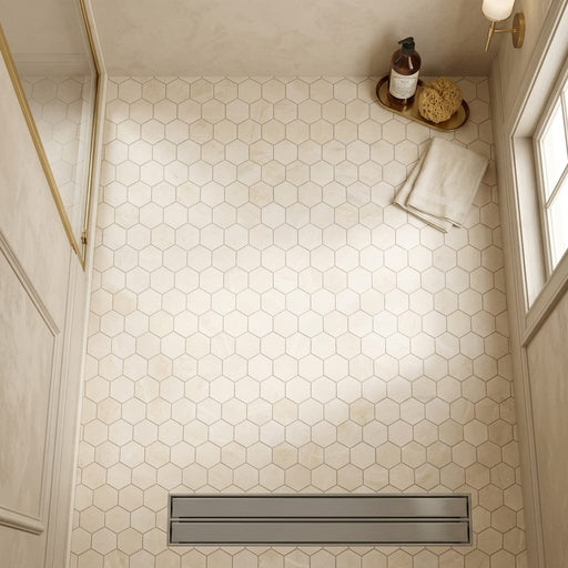Crema Marfil (Spanish) Marble 3x3 Cream Honed Hexagon Mosaic — Bathroom shower floor