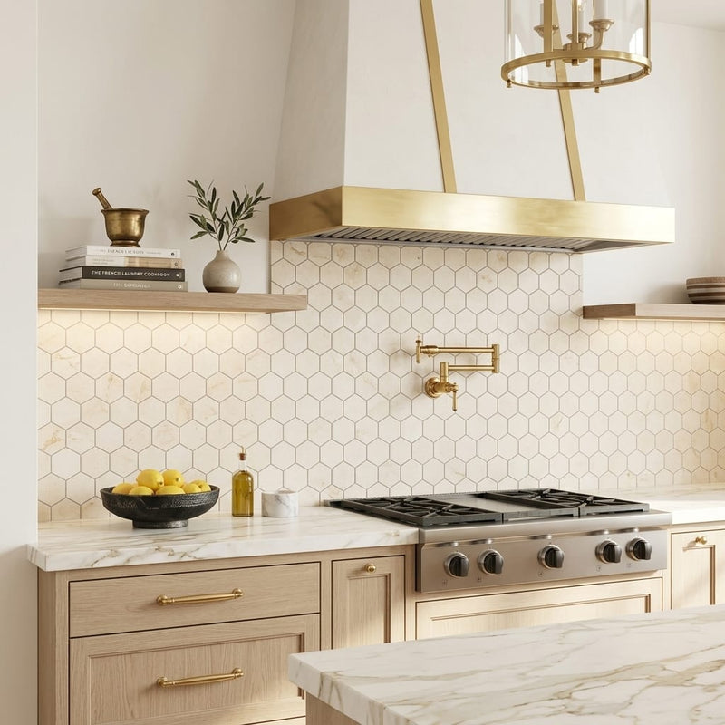 Crema Marfil (Spanish) Marble 3x3 Cream Honed Hexagon Mosaic — Kitchen backsplash