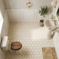 Crema Marfil (Spanish) Marble 3x3 Cream Honed Hexagon Mosaic — Powder Room floor