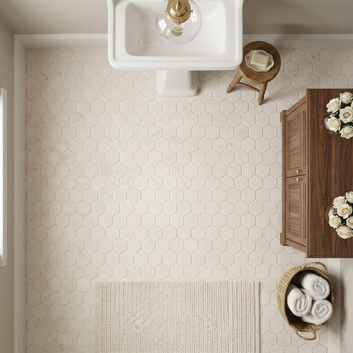 Crema Marfil (Spanish) Marble 3x3 Cream Tumbled Hexagon Mosaic — Bathroom floor