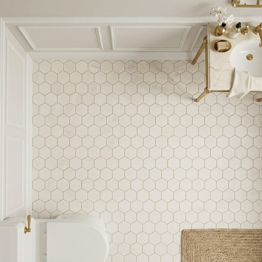 Crema Marfil (Spanish) Marble 3x3 Cream Tumbled Hexagon Mosaic — Powder Room floor